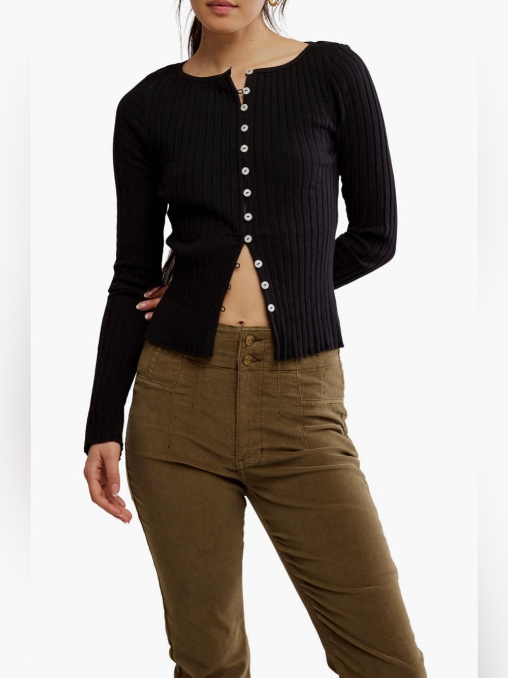 Free People Tilly Black Ribbed Button-Front Long Sleeve Top